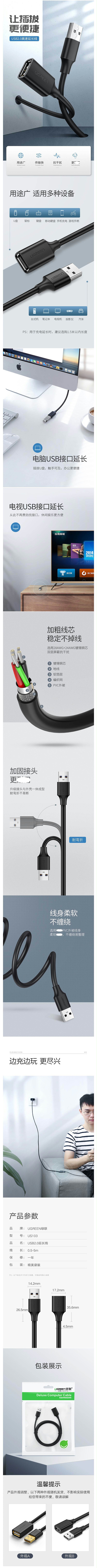 绿联10315 USB2.0延长线公对母 1.5米连接线 详情页