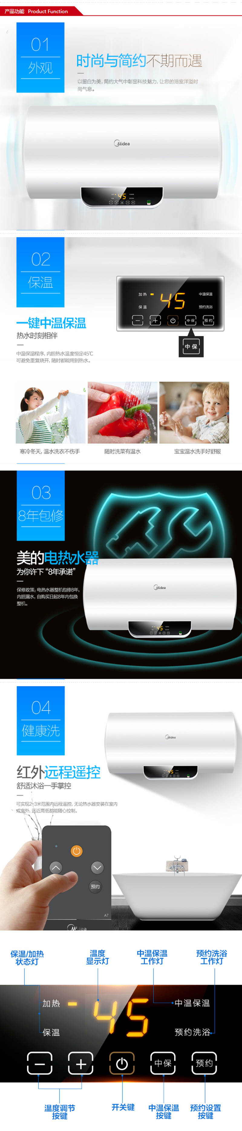 美的（Midea）2100W速热电热水器60升 无线遥控 预约洗浴 一键保温 加长防电墙F60-15WB5(Y)