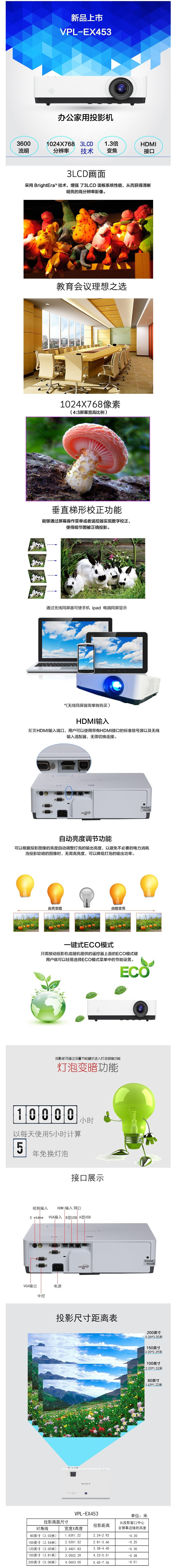 索尼 VPL-EX453 投影仪 投影机 办公（标清3600流明 HDMI）1